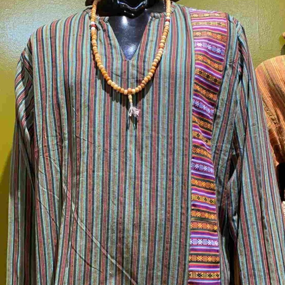 Cotton Bhutani Trim Long-Sleeve V-Neck Tunic - Stripes (Green)